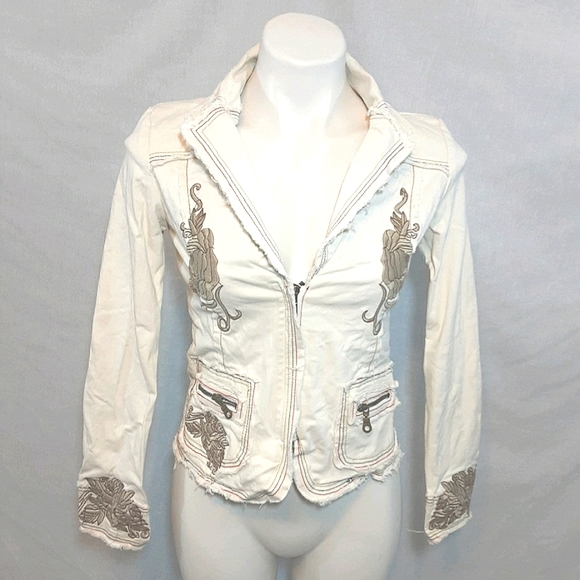 West 36th Western Frayed Edges Zipped Up Embroidered Denim Jacket Small - Picture 1 of 8